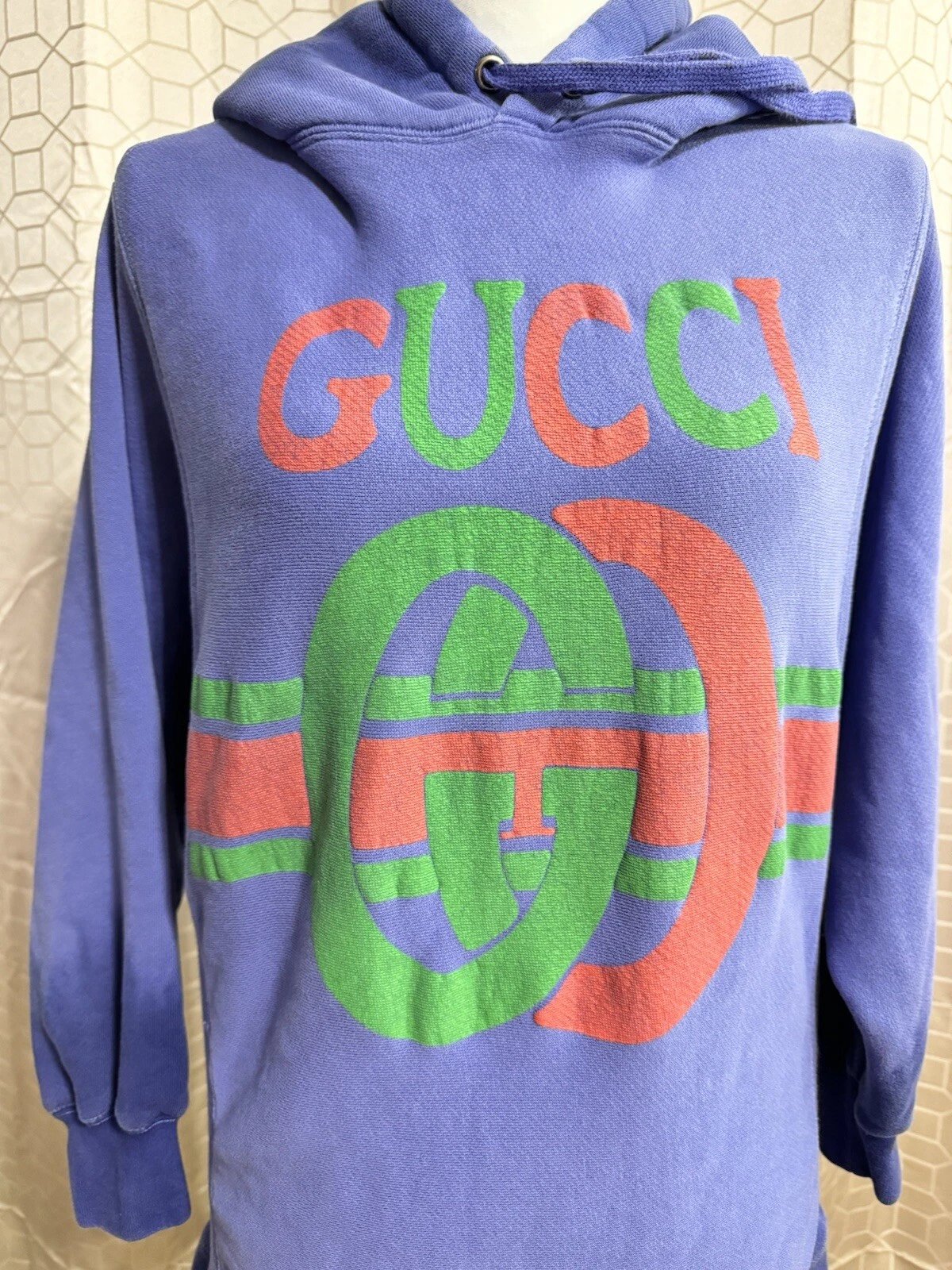 Felpa con cappuccio Gucci blu effetto lavato cotone maglia ad incastro stampa GG taglia M
