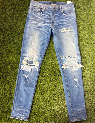 AMIRI Men's Blue Distressed Light Wash Skinny Slim Fit Biker Denim Jeans 38