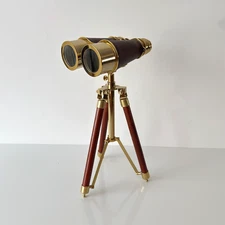 Handmade Brass Binoculars Spyglass 10x with Wooden Tripod Stand Nautical Decor