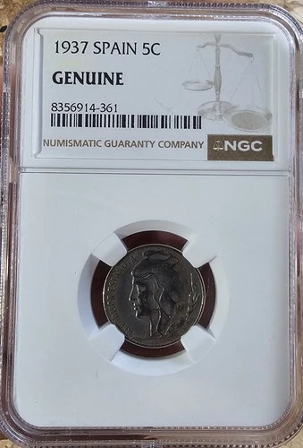 1937 Spain 5 Centimos NGC Genuine Slab Beautiful Coin