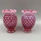 Fenton Cranberry Opalescent Hobnail Mini Glass Bud Vase w crimped edge 4 In Pair