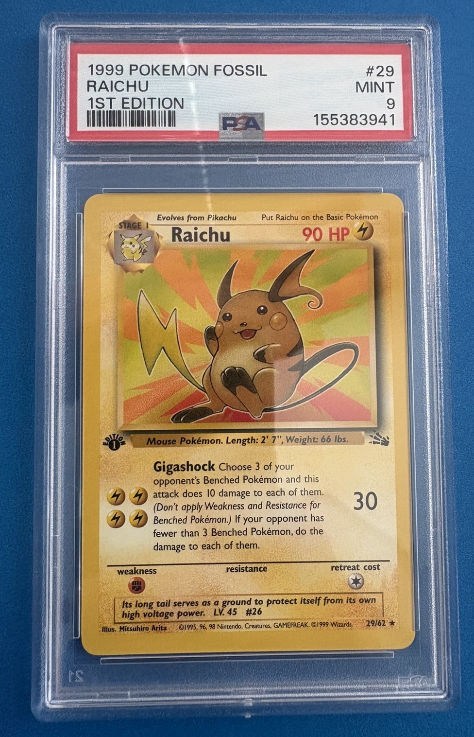 1999 Pokemon Raichu 1st edition PSA 9 Fossil #29 TCG Vintage Rare 