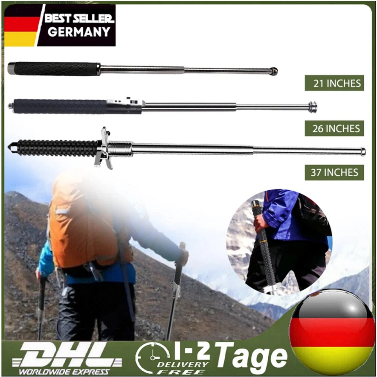 37 Zoll Teleskopstock Aus Stahl – Wandelbar Von 36 Bis 102 Cm, Mit Holster, Ideal Für Camping & Outdoor
