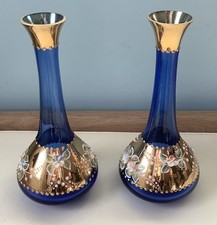 Vintage pair Bohemian /  Venetian blue enamelled glass handed paint gilt vases