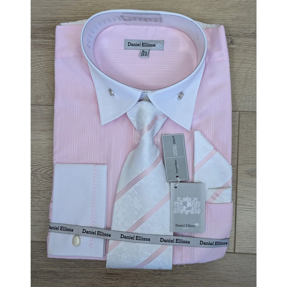 Conjunto de camisa de vestir y corbata Daniel Ellissa grande 16,5 rosa blanco puño francés tachuelas  Foto 3 de 4