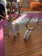 Set Of  2  White Resin Deer Figures With Golden Accents And Golden Antlers