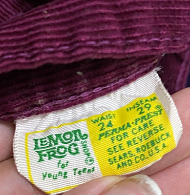 Vintage RARE Lemon Frog Purple Corduroy Bootcut Pants Teens Size 24 Inseam 29''