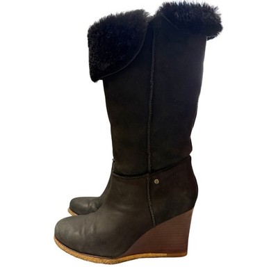 Ugg Size 8 Aprelle Leather Shearling Wedge Women s Boots Wear Up Or Foldover 