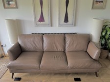 Taupe-brown real leather 3.5 seat sofa with contrast beige stitching