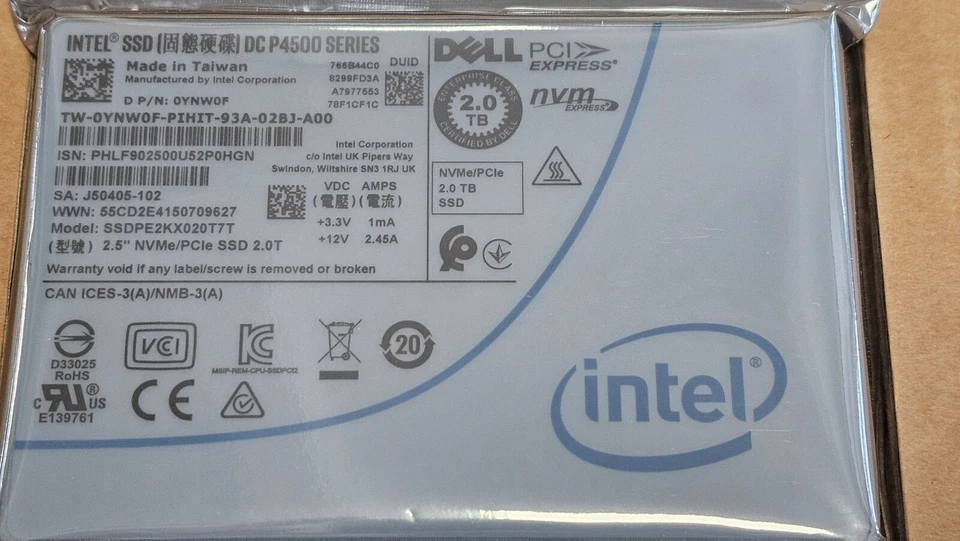 Dell 0YNW0F Intel P4510 2TB NVMe U.2 SFF 2,5" Enterprice SSD SSDPE2KX020T7T New