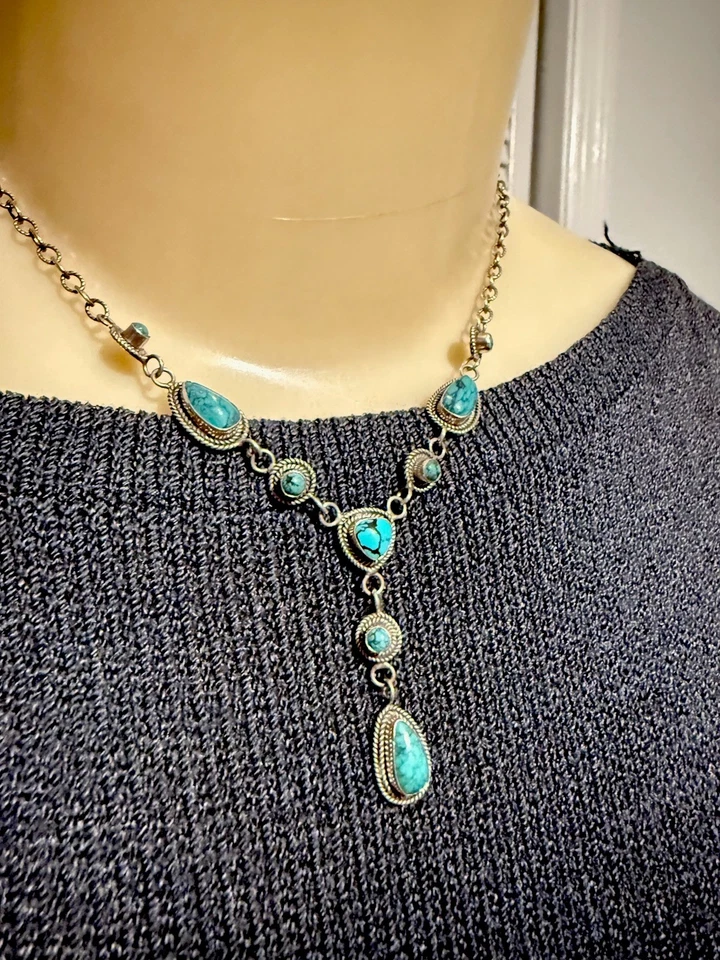 Collar Colgante BARSA Firmado Turquesa Cabujón Plata de Ley 925 Y Gota 15g Foto 2 de 4