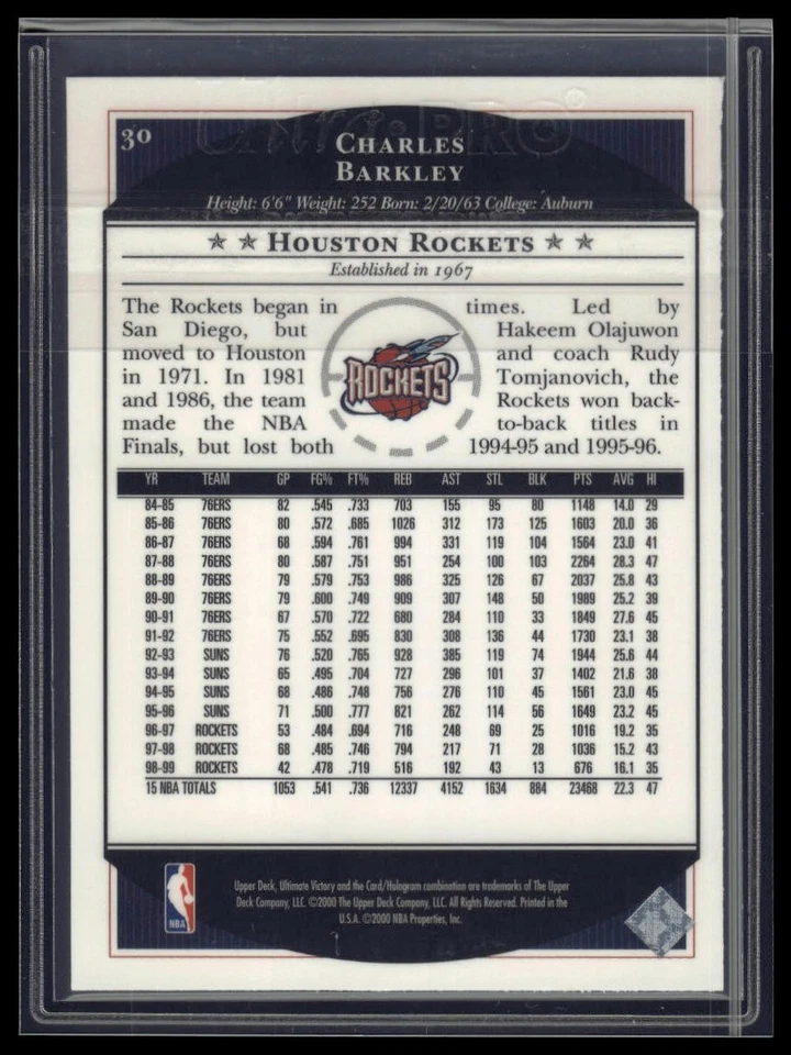 1999-00 Upper Deck Ultimate Victory #30 Charles Barkley - Image 2 of 2
