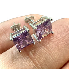 6MM Amethyst Stud Earrings Sterling Silver 925 Princess Cut Earrings for Women