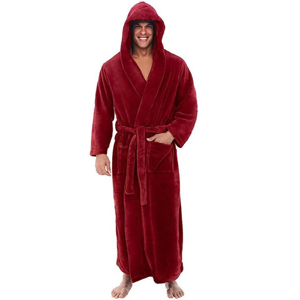 Mens Soft Hooded Bathrobe Long Plush Fleece Bath Robe Warm Gift w/ Hood