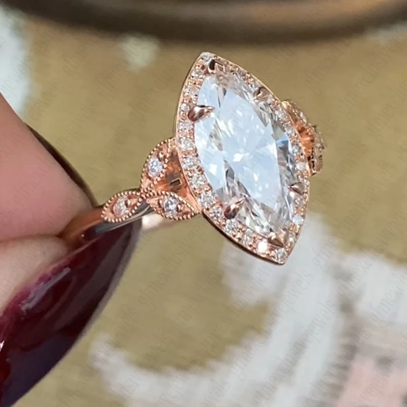 2.90TCW Marquise Moissanite Cluster Proposal Engagement Ring Solid 14k Rose Gold - Image 4 of 4