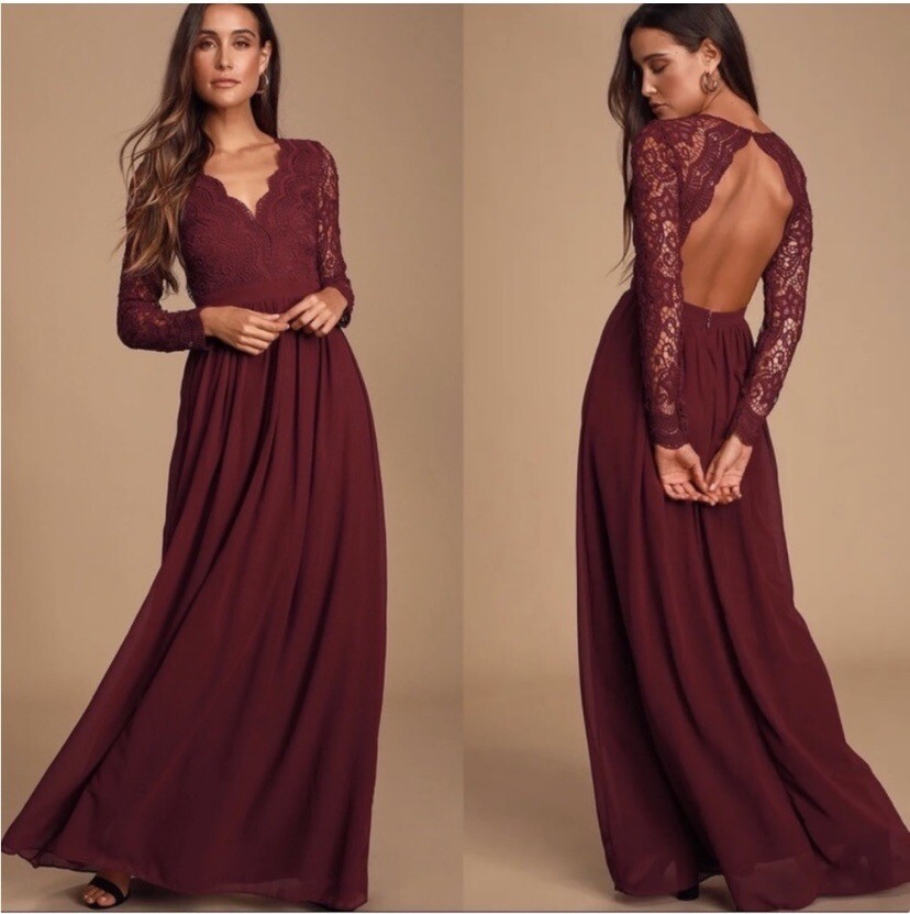 Burgundy Long Sleeve Lace Maxi Dress | Womens | Medium | 100% Polyester
