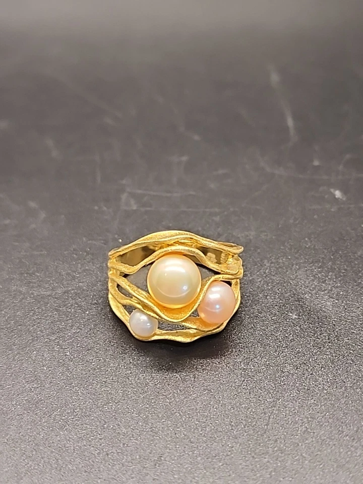 Anillo Perla Colección Honora 3 Colores Talla 11 Oro Mate Sobre Plata Italia Foto 2 de 4
