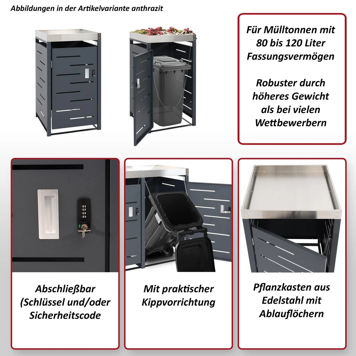Mülltonnenverkleidung HWC-H40b, Mülltonnenbox, Edelstahl-Metall 