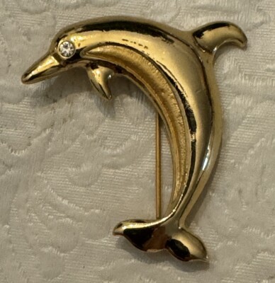 Vintage AAI Brooch Dolphin Fish Rhinestone Eye Gold Tone Pin 2 