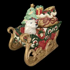 Fitz and Floyd Candy Jar Christmas Court Sleigh Holiday Centerpiece READ