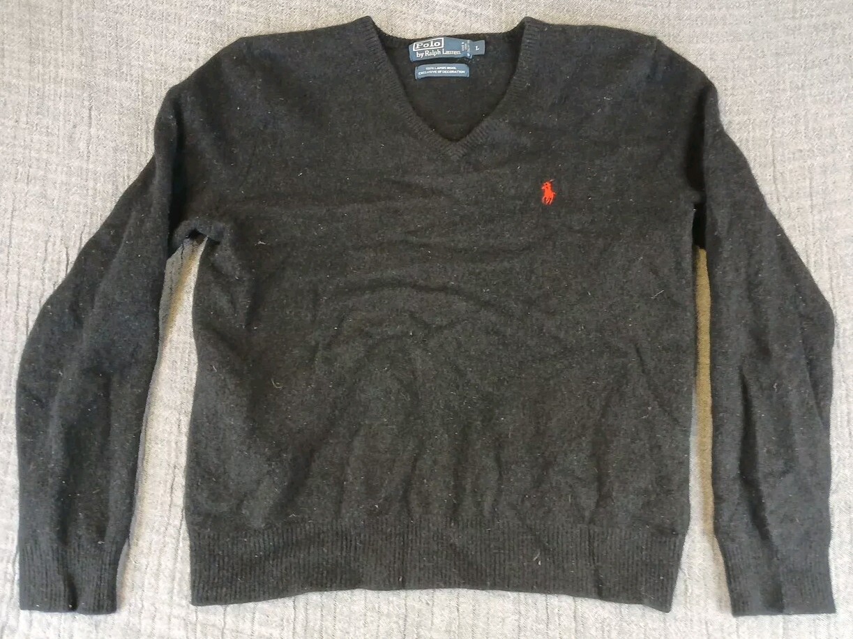 VTG Polo Ralph Lauren Sweater 100% Lambs Wool Black Size Large Mens Long Sleeve