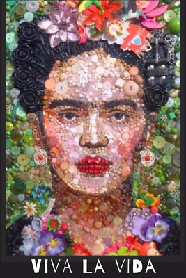Frida Kahlo Viva La Vida Giclée Poster Formed by Buttons into a Colorful Mosaic