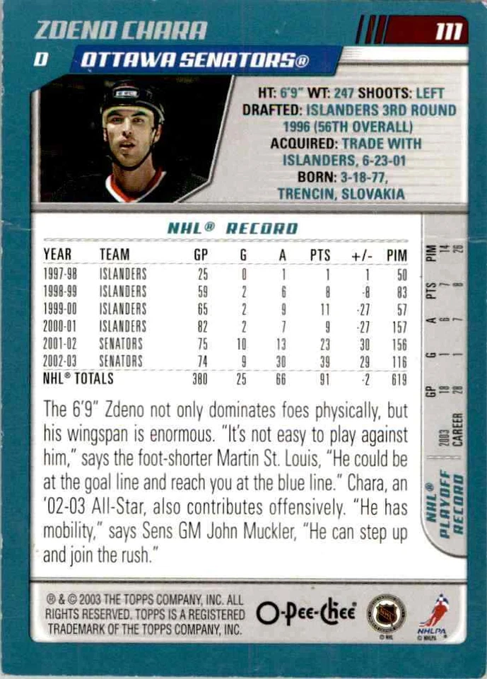 2003-04 O-Pee-Chee Zdeno Chara #111 - Image 2 of 2