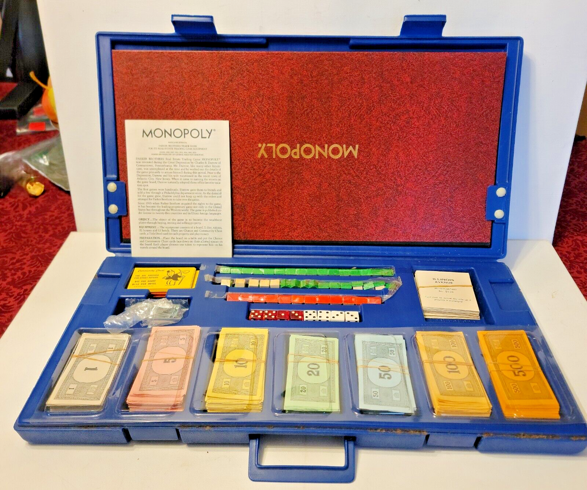 VTG 1973 MONOPOLY Game in Blue Hard Plastic Travel Case Complete looks  unused
