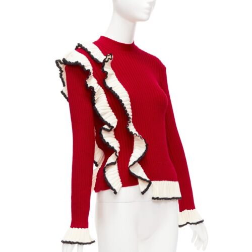 MSGM red wool blend white ruffle trim flared cuff ribbed knit sweater top XS