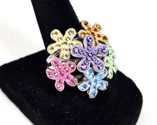 Vintage Pastel Flowers Cluster Crystal Accents Sterling Silver 925 Floral Ring