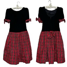 Vtg 70s/80s Velvet & Plaid Taffeta Evening Dress Bows Holiday Formal Preppy Sz S