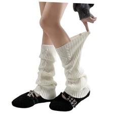 Women  s Cable Knit Leg Warmers Winter Slouch Knee high Boot Socks 955-white