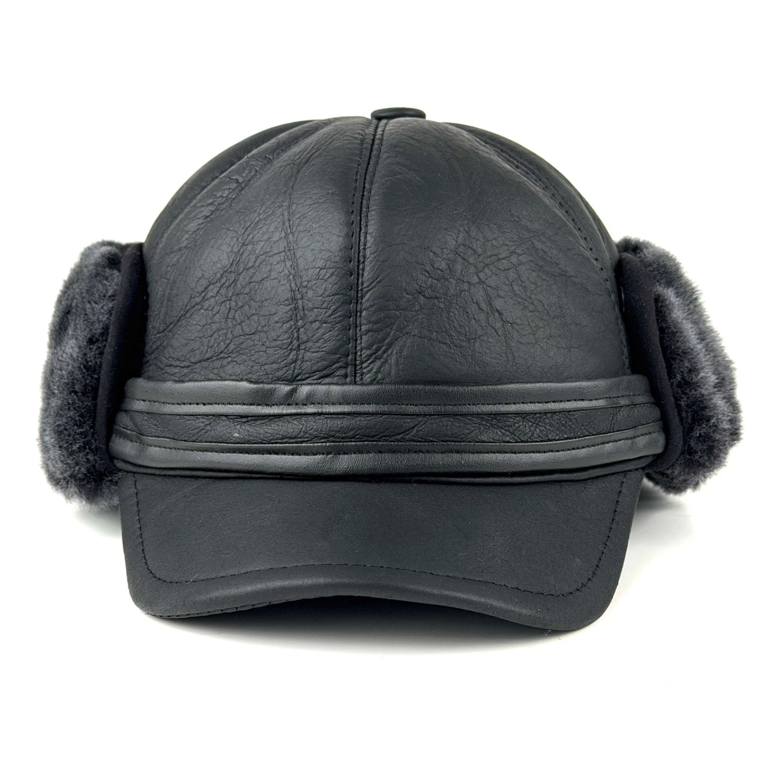 Handmade Real Shearling Leather Trapper Hat — Black Sheepskin Hat for men