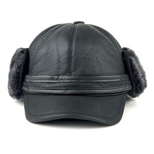Handmade Real Shearling Leather Trapper Hat   Black Sheepskin Hat for men