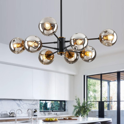 8-Light Sputnik Black Chandelier with Globe Glass Black and Gold Pendant Lights