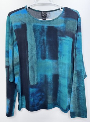 Clara Sun Woo Top Blue Black Abstract Art Liquid Knit Long Sleeve Art Women s M