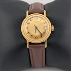 Timex Mechanical Date Watch Gold Tone Sunburst Dial Brown Strap Vintage 1970s