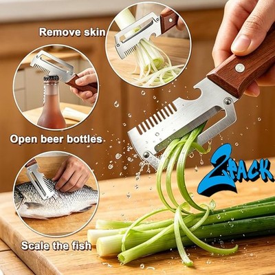 2 PCS 3-in-1 Multifunctional Vegetable Peeler with Wooden Handle,Julienne Slicer