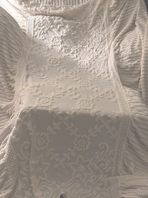 Vintage Twin Size Chenille Bedspread Floral Design Pom Trim with Fringe Edge 