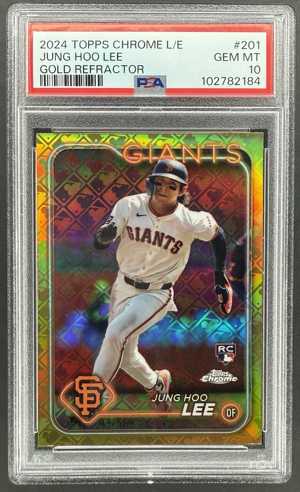 Jung Hoo Lee 2024 Topps Chrome L/E Gold Refractor /50 #201 RC PSA 10 Gem Mint