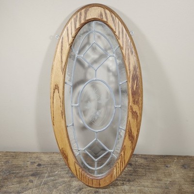 Vintage Glass Window Panel Oval Etched Flower Scene Wood Frame Sun Catcher