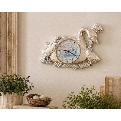 Vintage Kitsch Swan Duck Wall Clock Silver Tone Quartz Clock Cottage Core Works