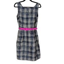 Eliza J 12 Navy Blue Cream Pink Windowpane Fit and Flare Belted Dress Pockets