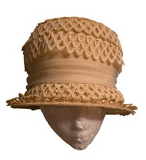 Vtg 50s Layered Lace Crochet Crown Bucket Hat Chiffon Fabric Band Women L MCM