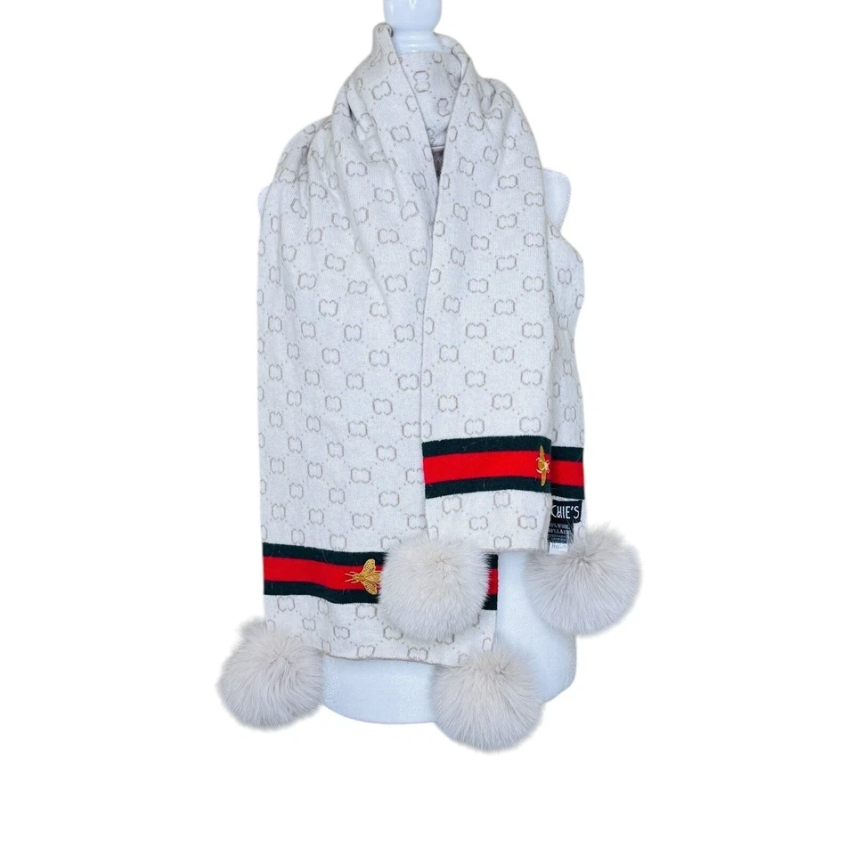 Mitchies Matchings 女式 Reverse CS Bee Pom Poms 围巾羊毛毛皮象牙灰褐色 — 第 4/4 张图片