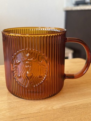 NWT Starbucks 2025 Holiday Winter Amber Pleated Glass 14oz Mug