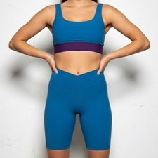 Theatricals AS AXS Teal Eggplant DANCE SET Biker Shorts Crop Top Dancewear NWT