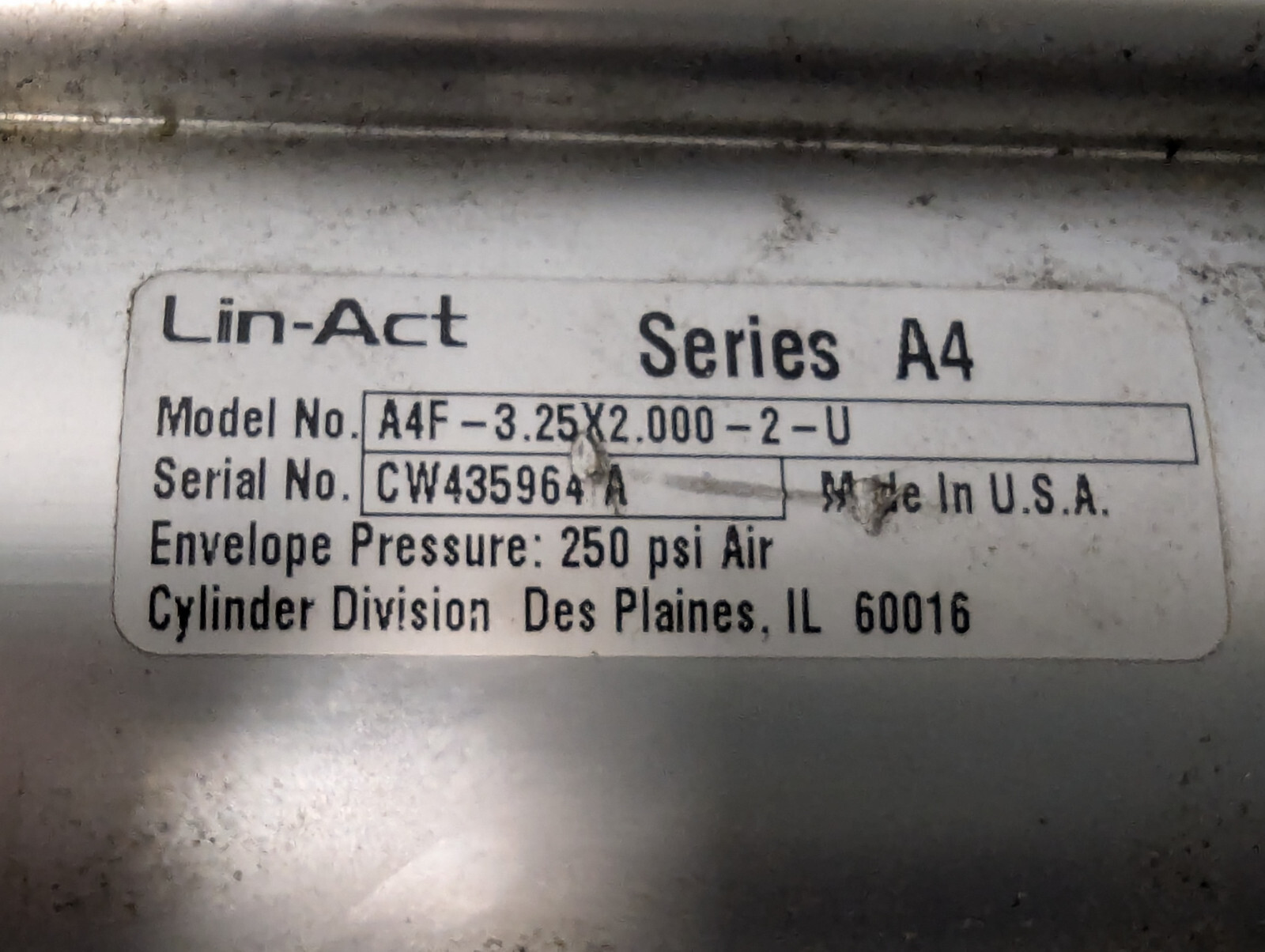 Lin-Act A4F-3.25x2.000-2-U Pneumatic Cylinder -Made in USA