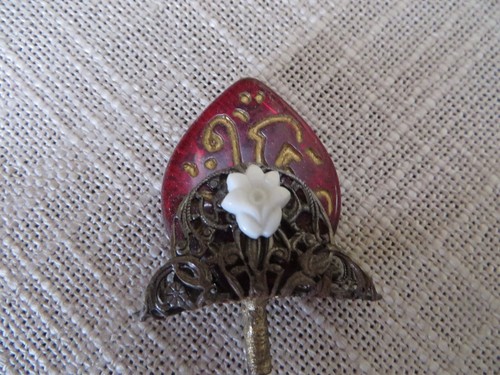 Vintage Hat Pin Gold Toned Setting Ruby Colored Tear-shaped Glass Czech