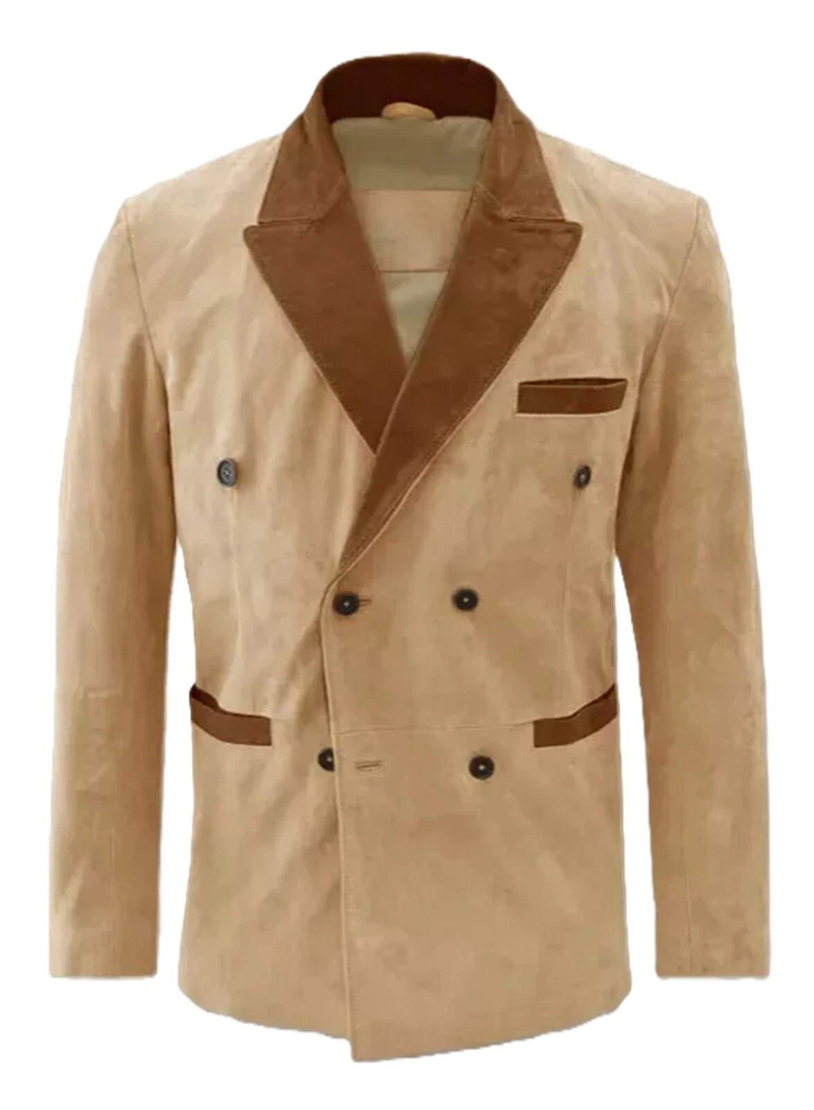 Authentic Men's Beige Pure Suede Blazer Soft Suede Leather Double Breasted Coat